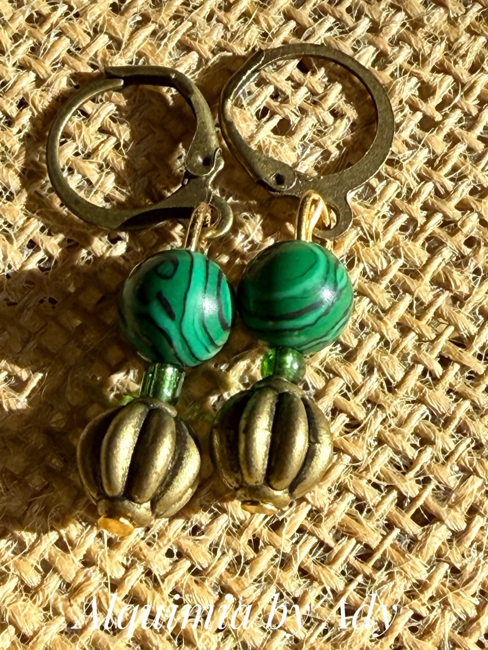 Fall essentials Green Swirl Bead Earrings with Antique Gold Accents